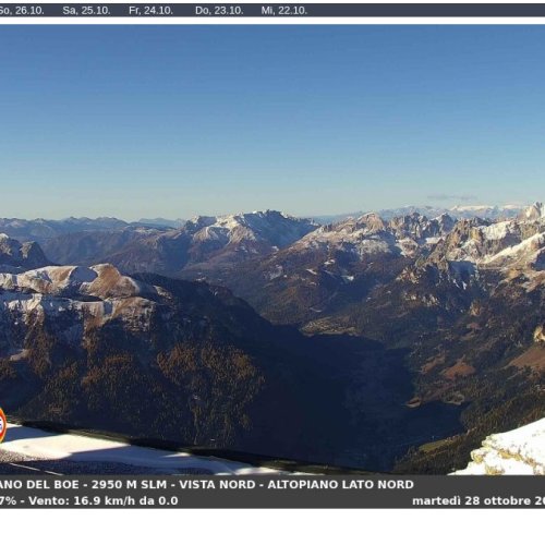 Sass Pordoi - Altopiano del Boe Live Webcam: Dolomites Panorama