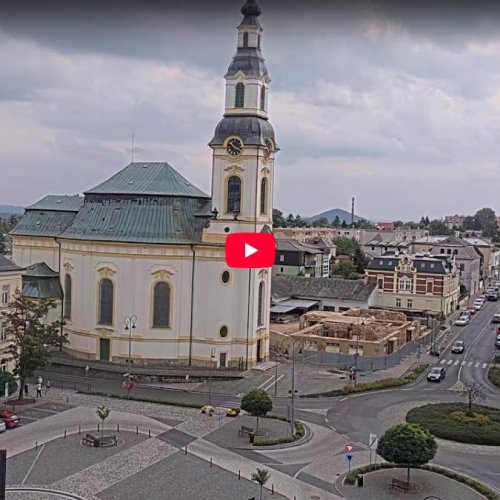 Nový Bor Live Webcam: Town Square and Historic Church View